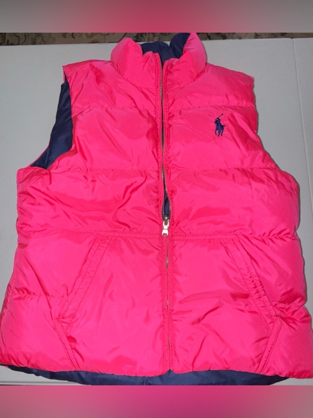 Polo by Ralph Lauren Hot Pink/Navy Quilted reversible Vest. Kids size L - Picture 2 of 9